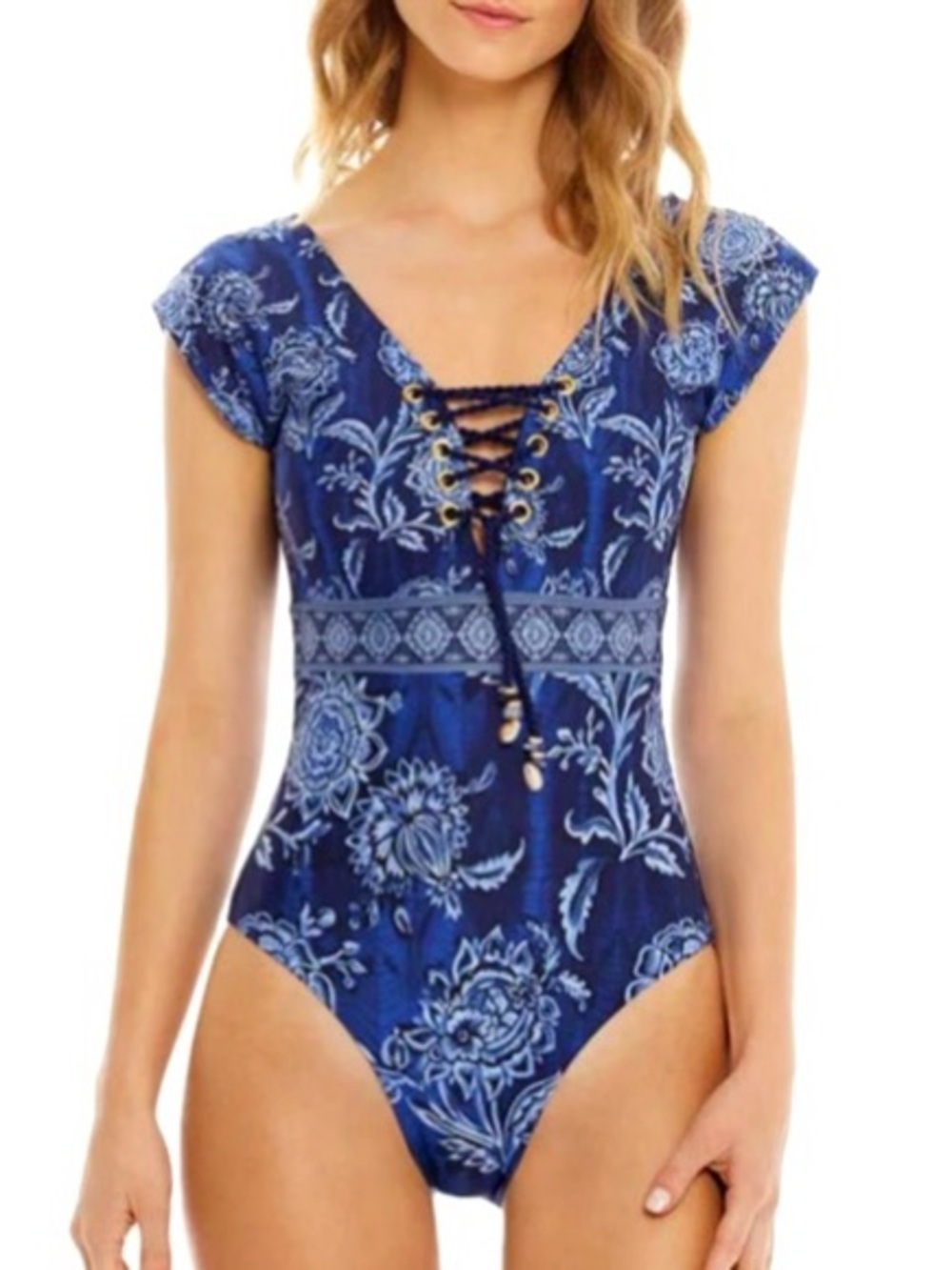 Cosita Linda Floral Paisley One Piece Swimsuit Womens Size Large 36 Blue Lace Up